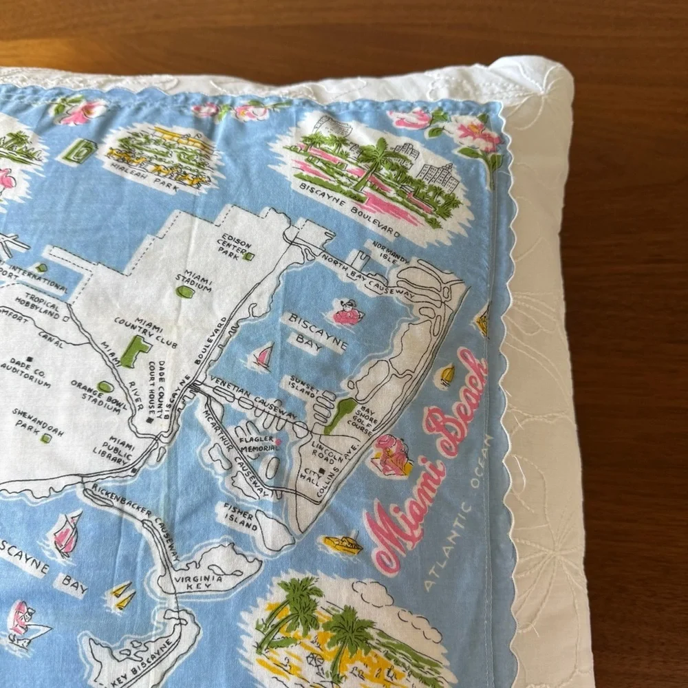 Vintage Miami Florida Handkerchief Pillow Shabby Chic Retro Tropical Decor